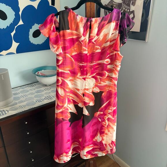Kensie y2K Bold Orange, Pink Floral Chiffon Ruffle Sleeve Dress, Flowy Fit sz 8 - Picture 6 of 10